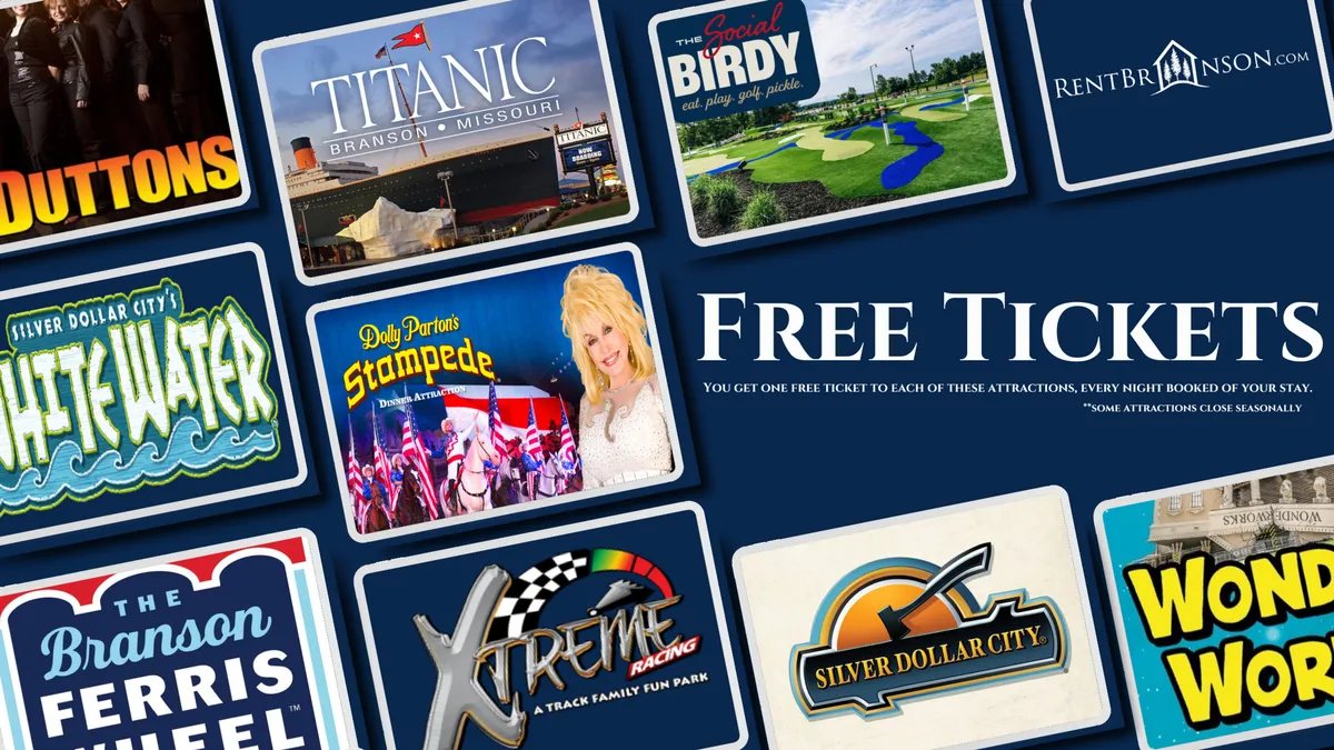An interior image showcasing colorful graphics and attraction tickets, with text highlighting 'Free Tickets.' The scene suggests guests planning their outings to local theme parks, live shows, and unique attractions.